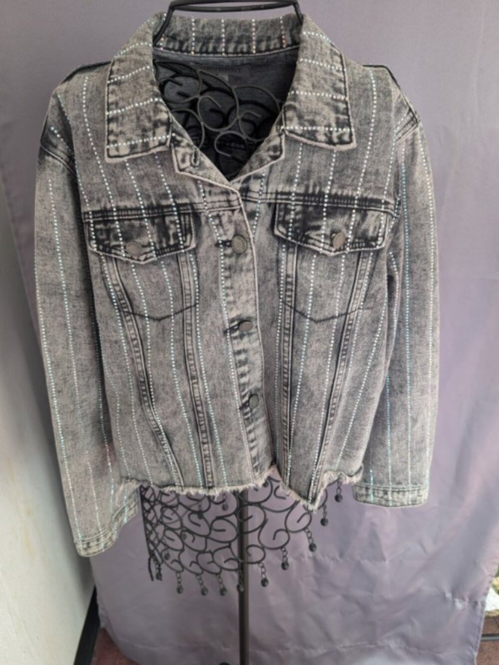 Veveret Bling Denim Jacket Gray and Black with Rhinestone Bling Size L